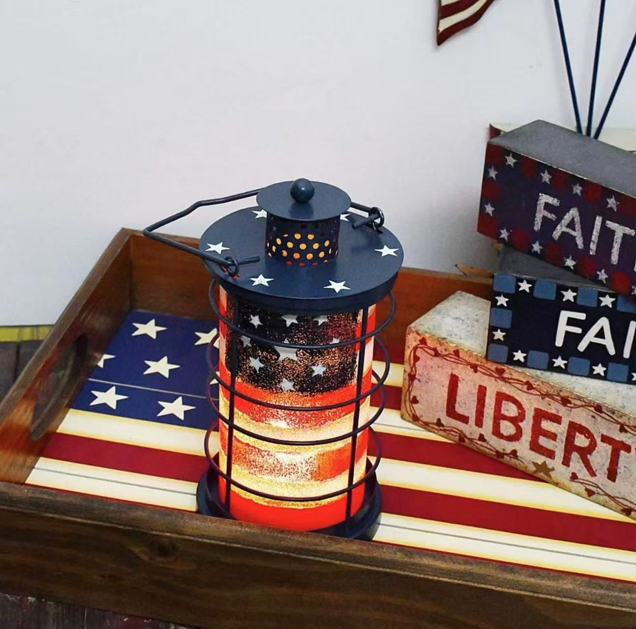 Patriotic Metal Candle Lantern – Rustic American Flag Decorative Hanging & Tabletop Holder