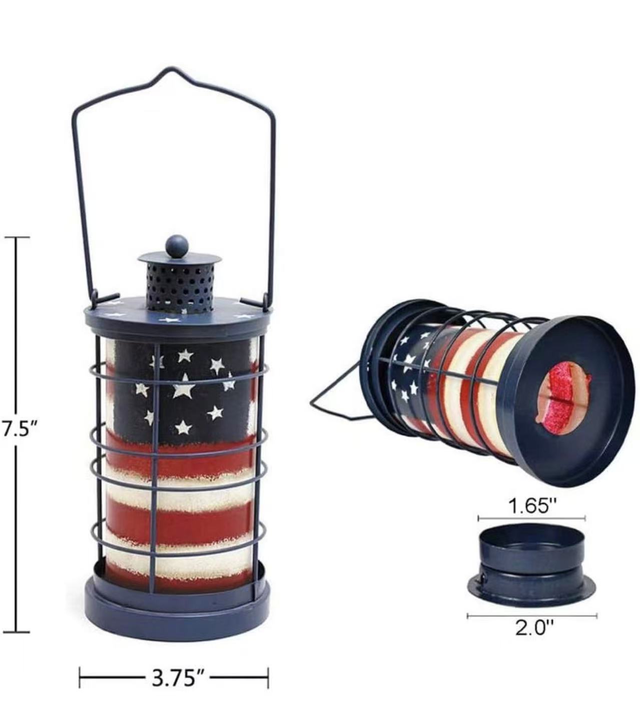 Patriotic Metal Candle Lantern – Rustic American Flag Decorative Hanging & Tabletop Holder