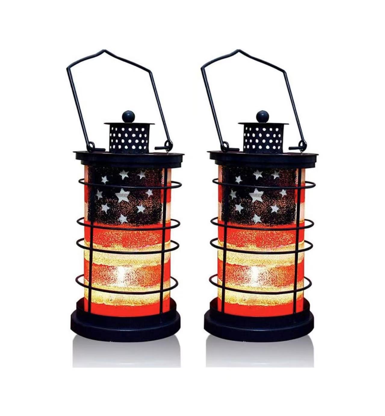 American Flag Metal Hanging Lantern – Patriotic Indoor/Outdoor Tabletop Candle Holder Item Package Quantity: 2