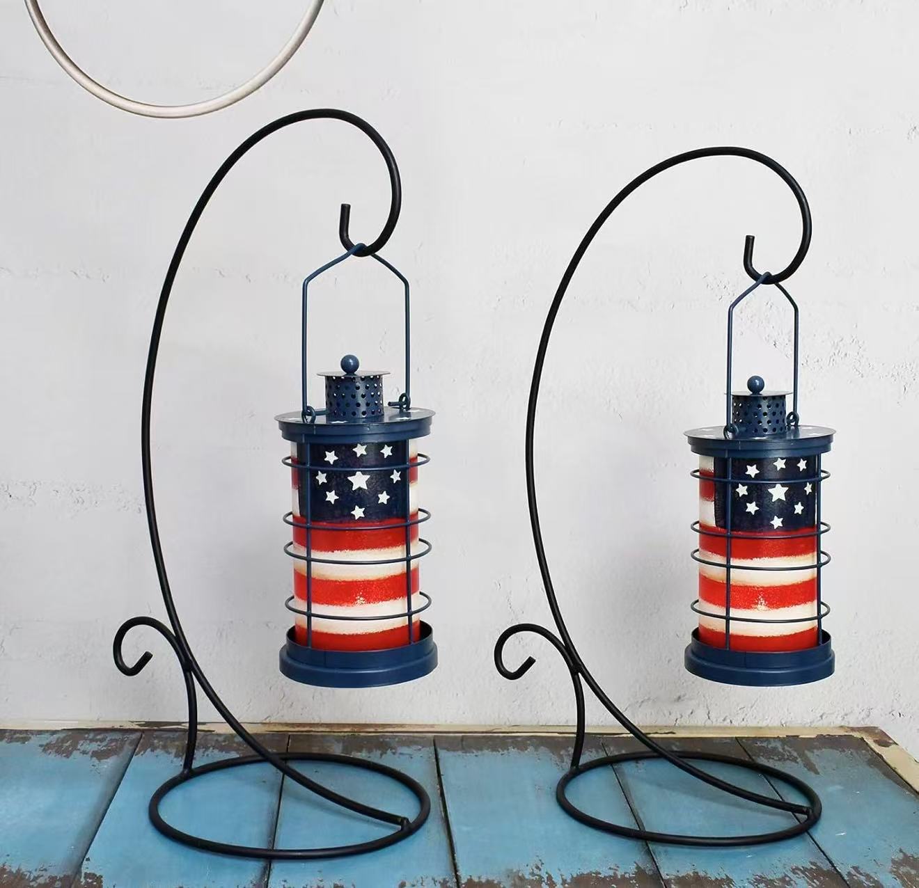 American Flag Metal Hanging Lantern – Patriotic Indoor/Outdoor Tabletop Candle Holder Item Package Quantity: 2