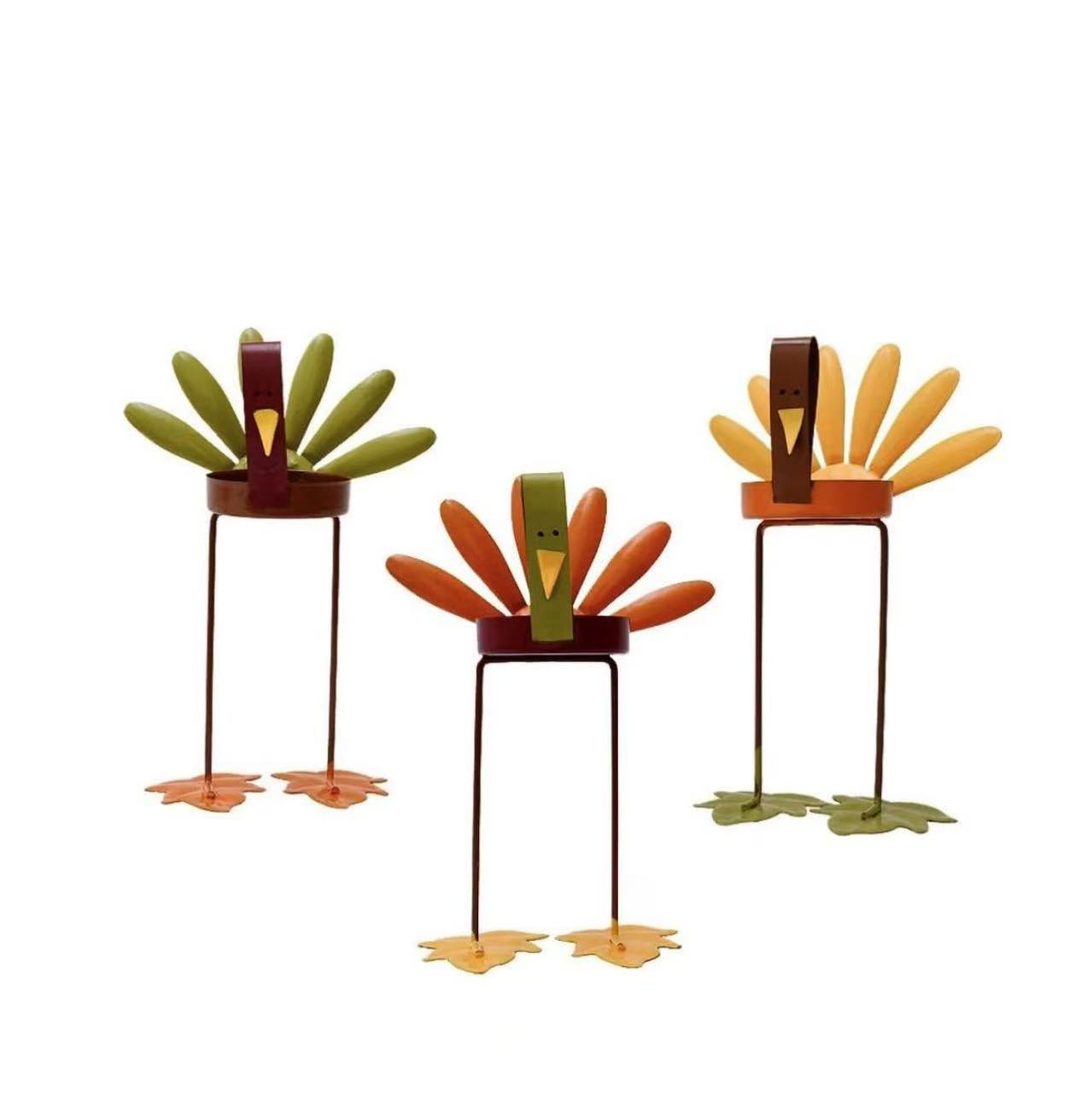 Set of 3 Decorative Turkey Candle Holders – Rustic Metal Thanksgiving Tealight Centerpieces