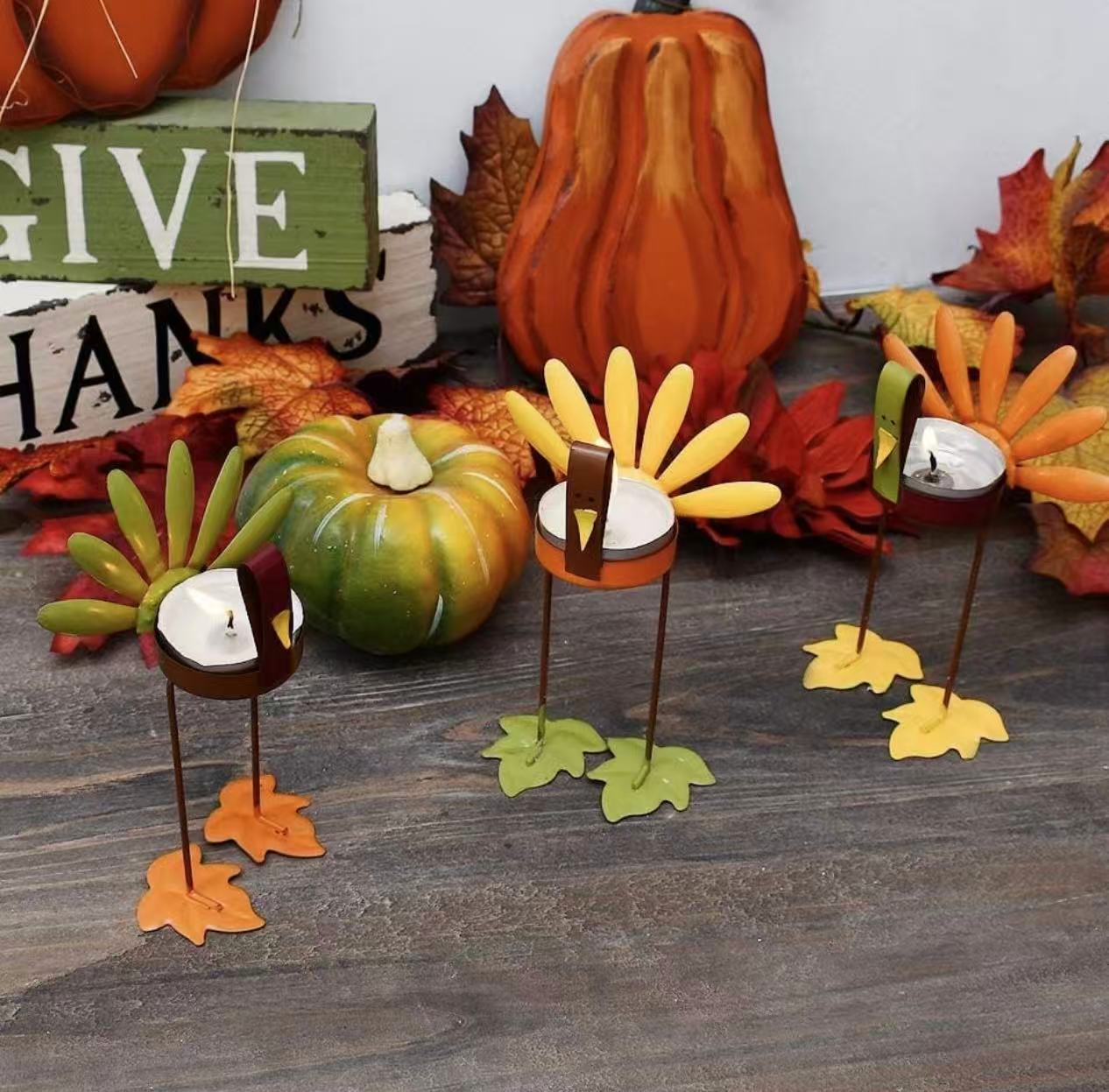 Set of 3 Decorative Turkey Candle Holders – Rustic Metal Thanksgiving Tealight Centerpieces