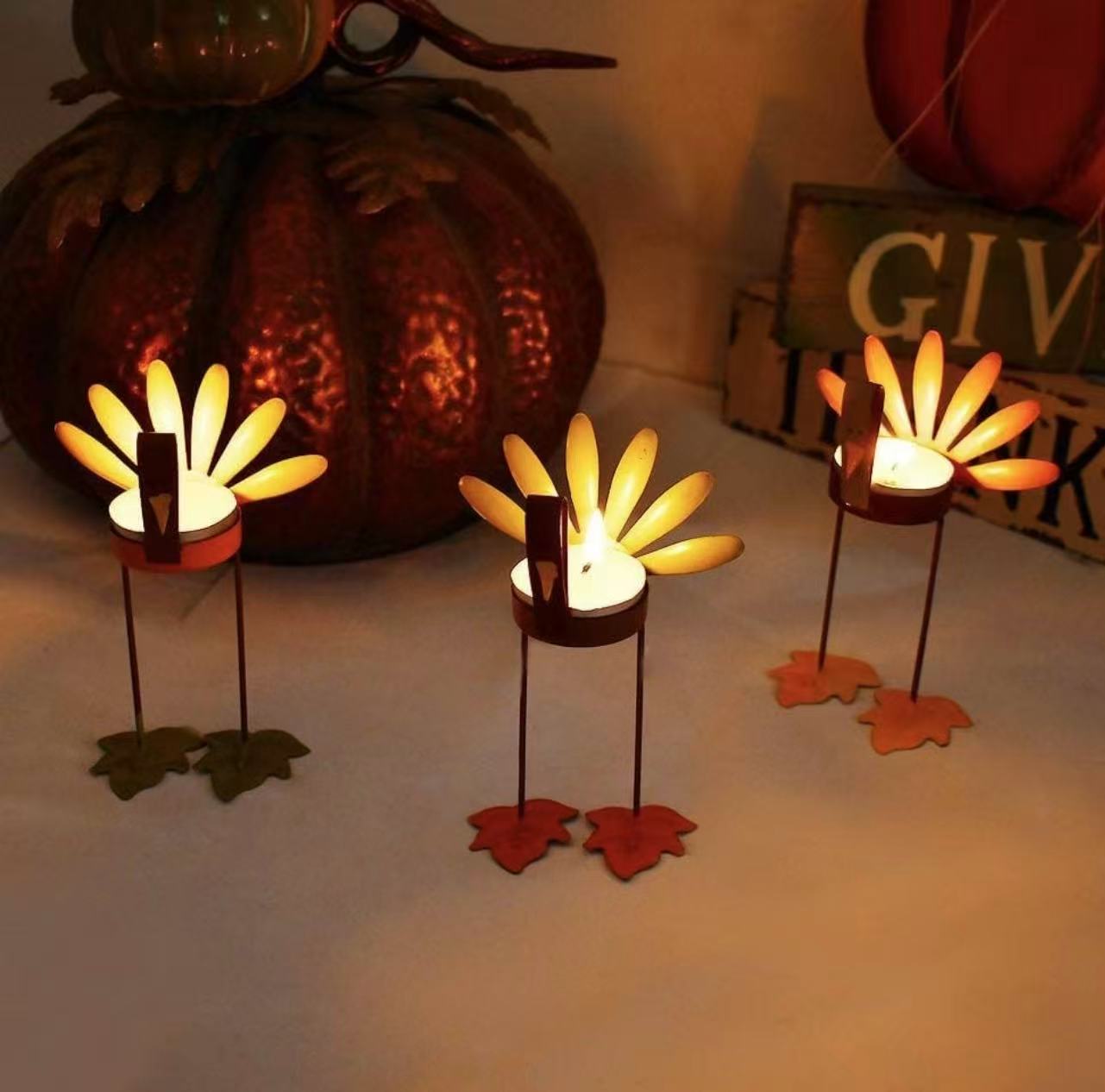 Set of 3 Decorative Turkey Candle Holders – Rustic Metal Thanksgiving Tealight Centerpieces