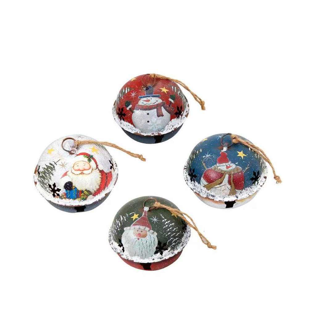 et of 4 Christmas Jingle Bell Ornaments – Rustic Tree & Snowman Hanging Decor