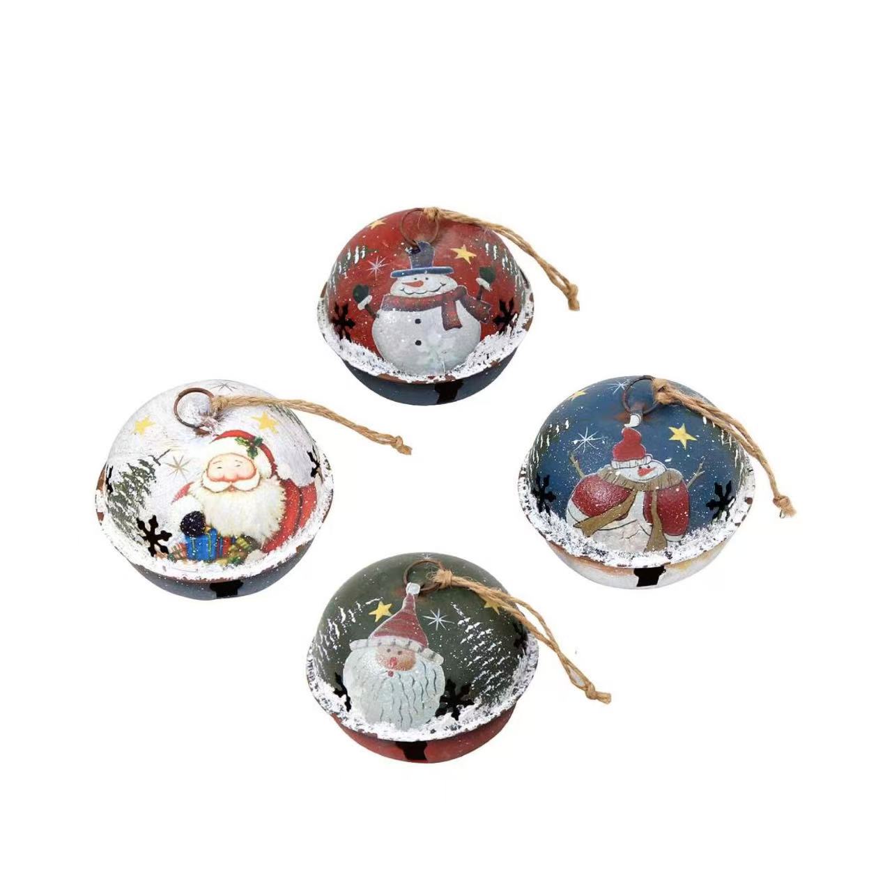 et of 4 Christmas Jingle Bell Ornaments – Rustic Tree & Snowman Hanging Decor
