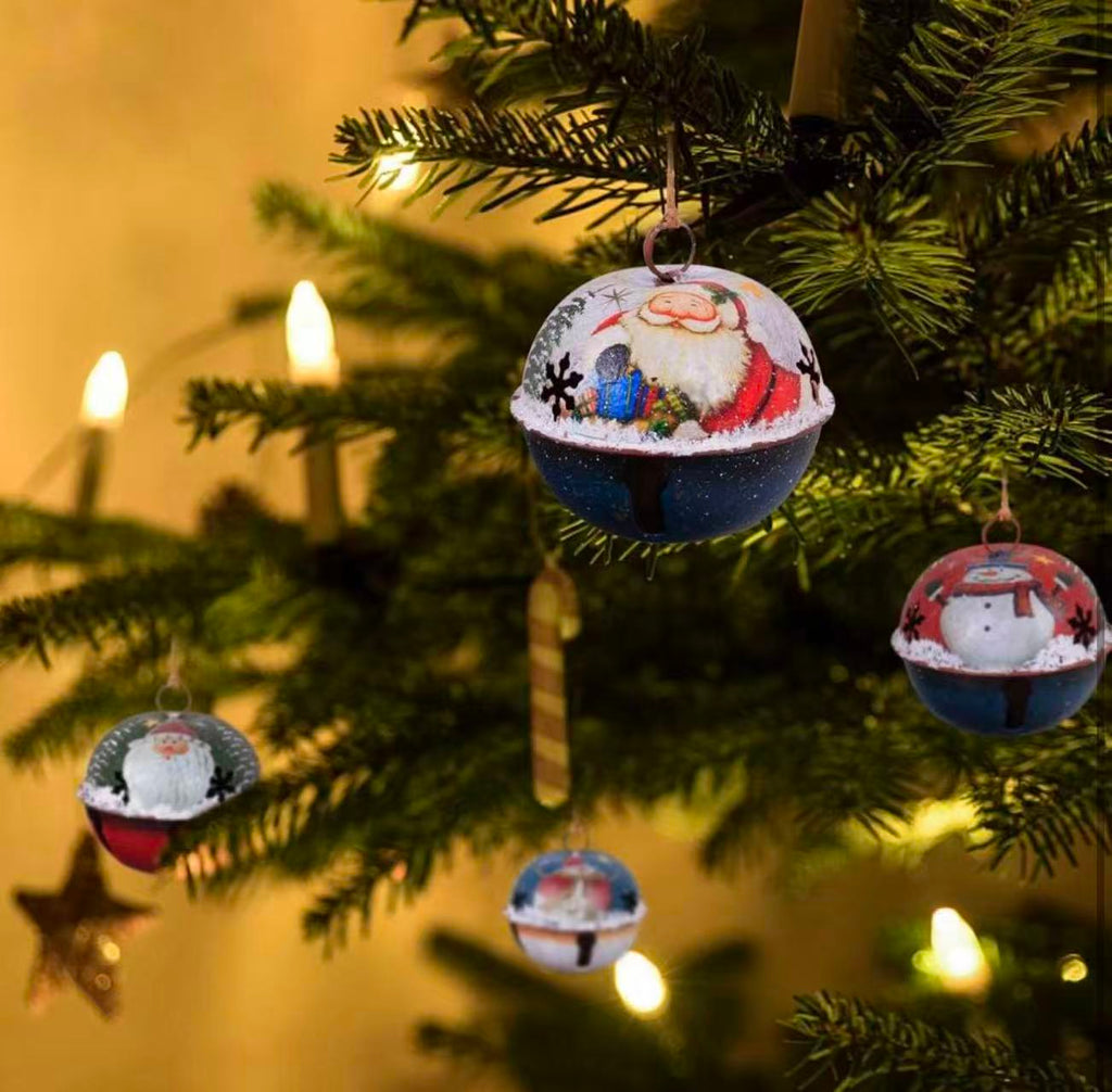 et of 4 Christmas Jingle Bell Ornaments – Rustic Tree & Snowman Hanging Decor