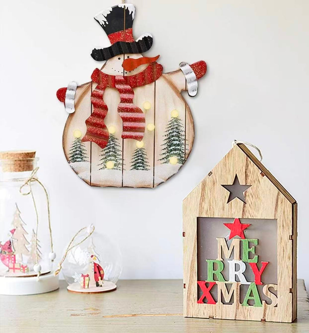 Battery-Operated Wooden Snowman Sign – Rustic Christmas Wall Decor （Batteries Not Included）