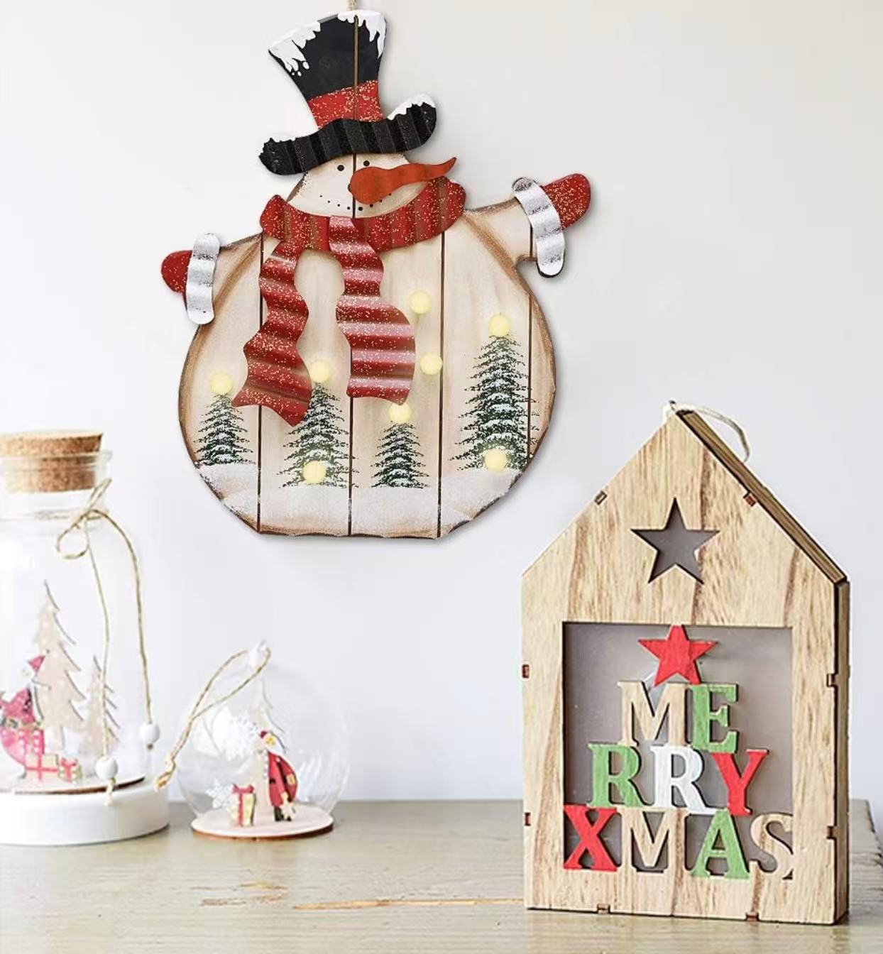 Battery-Operated Wooden Snowman Sign – Rustic Christmas Wall Decor （Batteries Not Included）