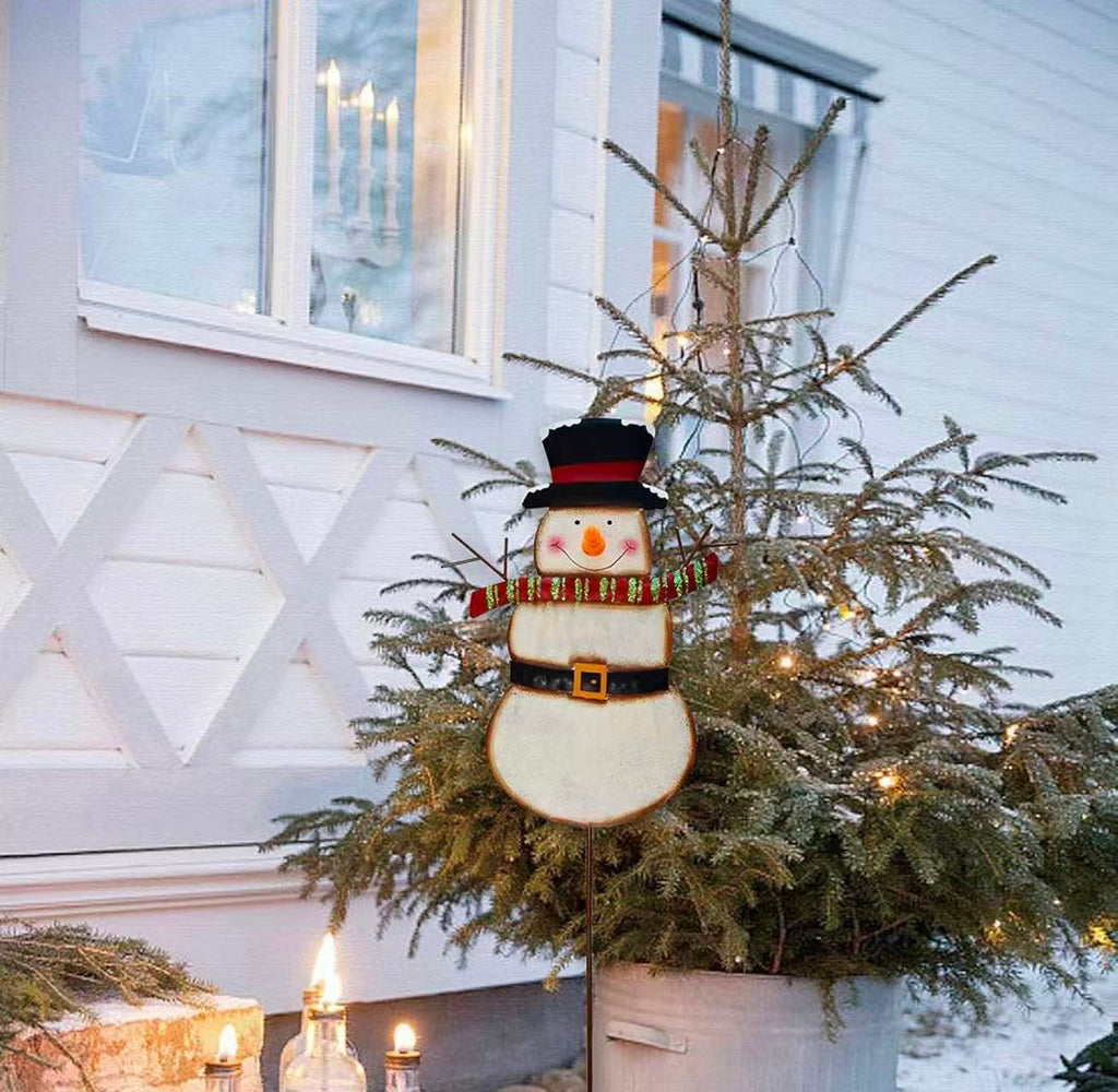 Christmas Snowman Garden Stake – LED Outdoor Yard Decor （Batteries Not Included） Red Scarf