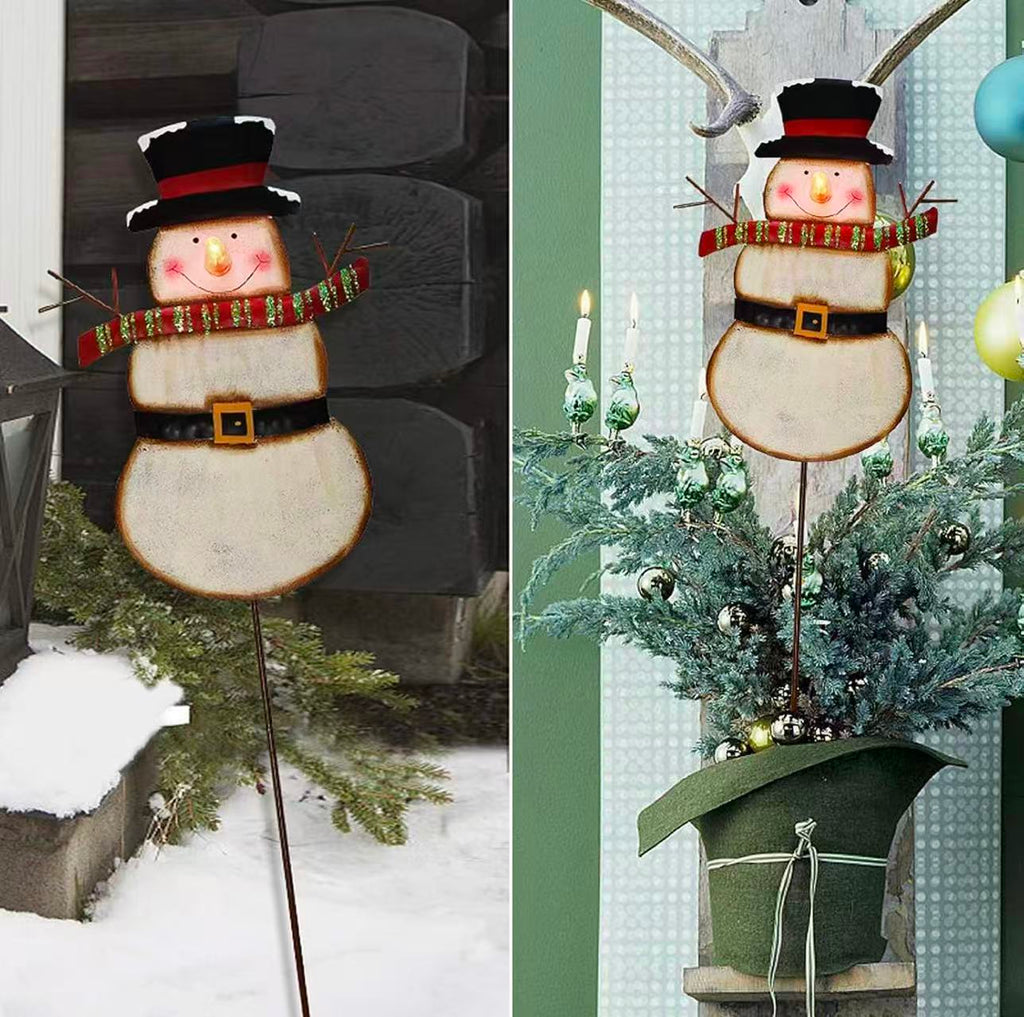 Christmas Snowman Garden Stake – LED Outdoor Yard Decor （Batteries Not Included） Red Scarf