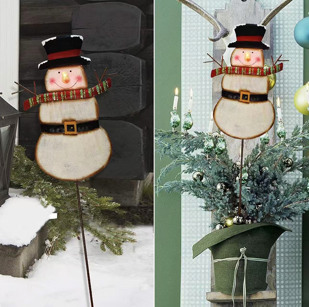 Christmas Snowman Garden Stake – LED Outdoor Yard Decor （Batteries Not Included） Red Scarf