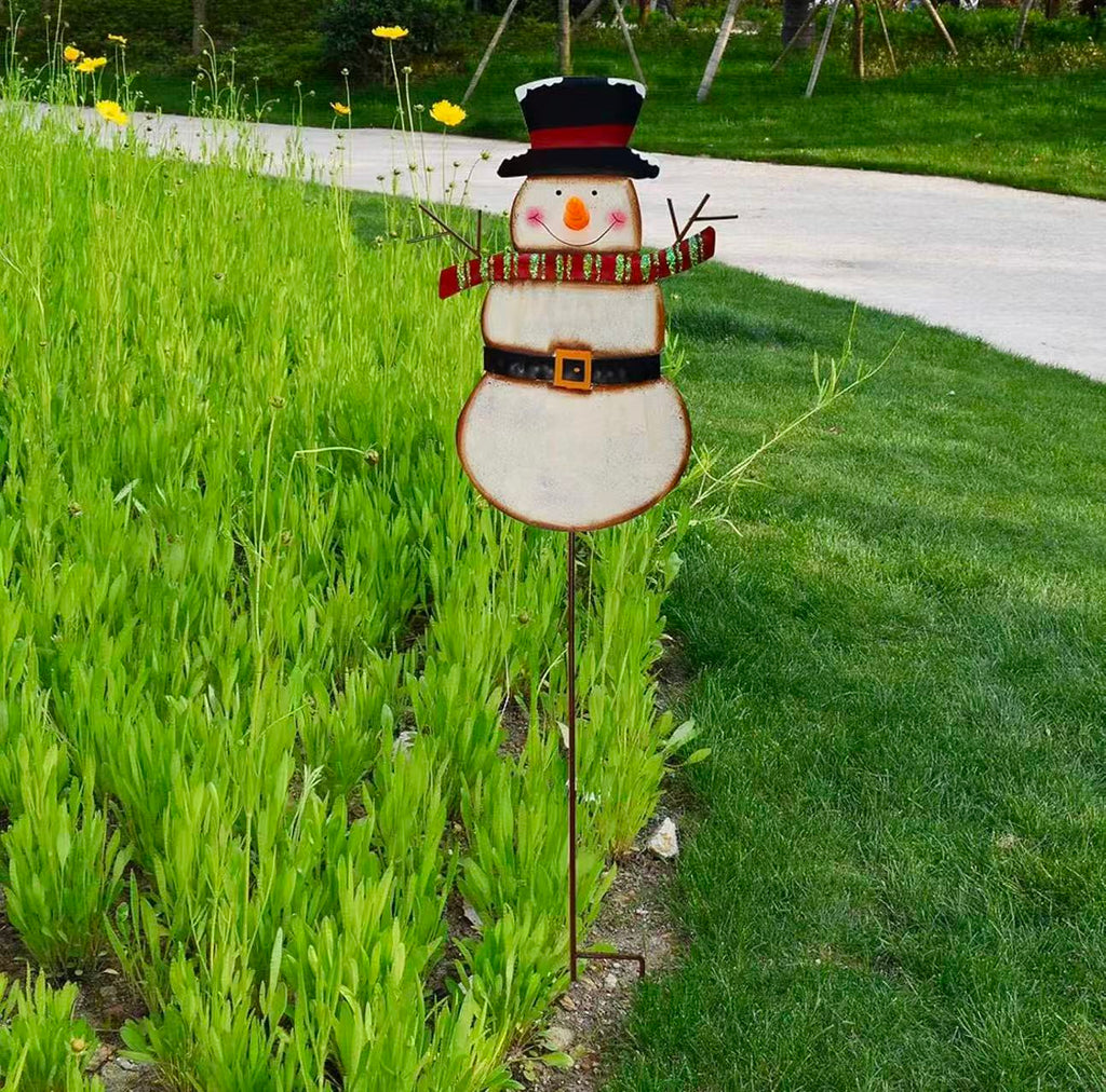 Christmas Snowman Garden Stake – LED Outdoor Yard Decor （Batteries Not Included） Red Scarf