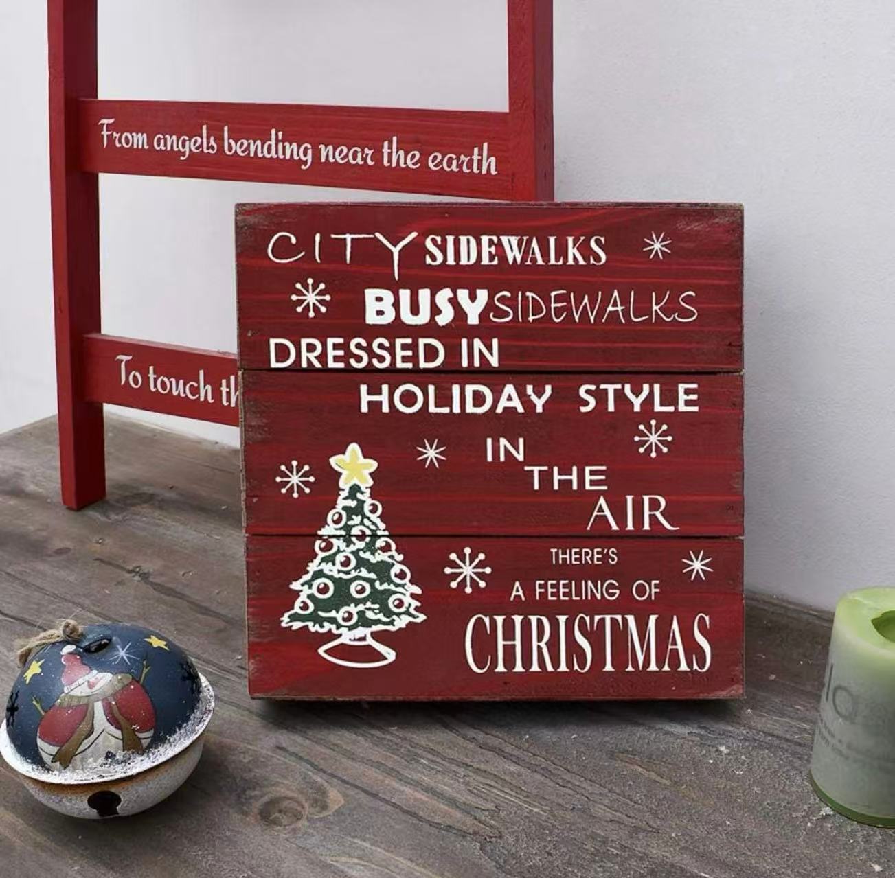 Rustic Christmas Wood Plaque –"City Sidewalks" Hanging Wall Art