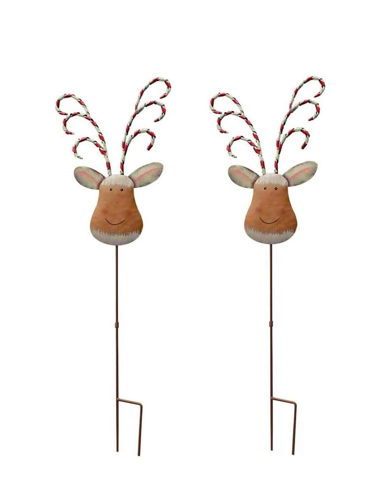 Christmas Yard Garden Stake Decor Reindeer Decoration Set of 2, Outdoor Metal Yard Sign Lawn Stake with Candy Cane Antlers, Holiday Decoration for Lawn Pathway Walkway