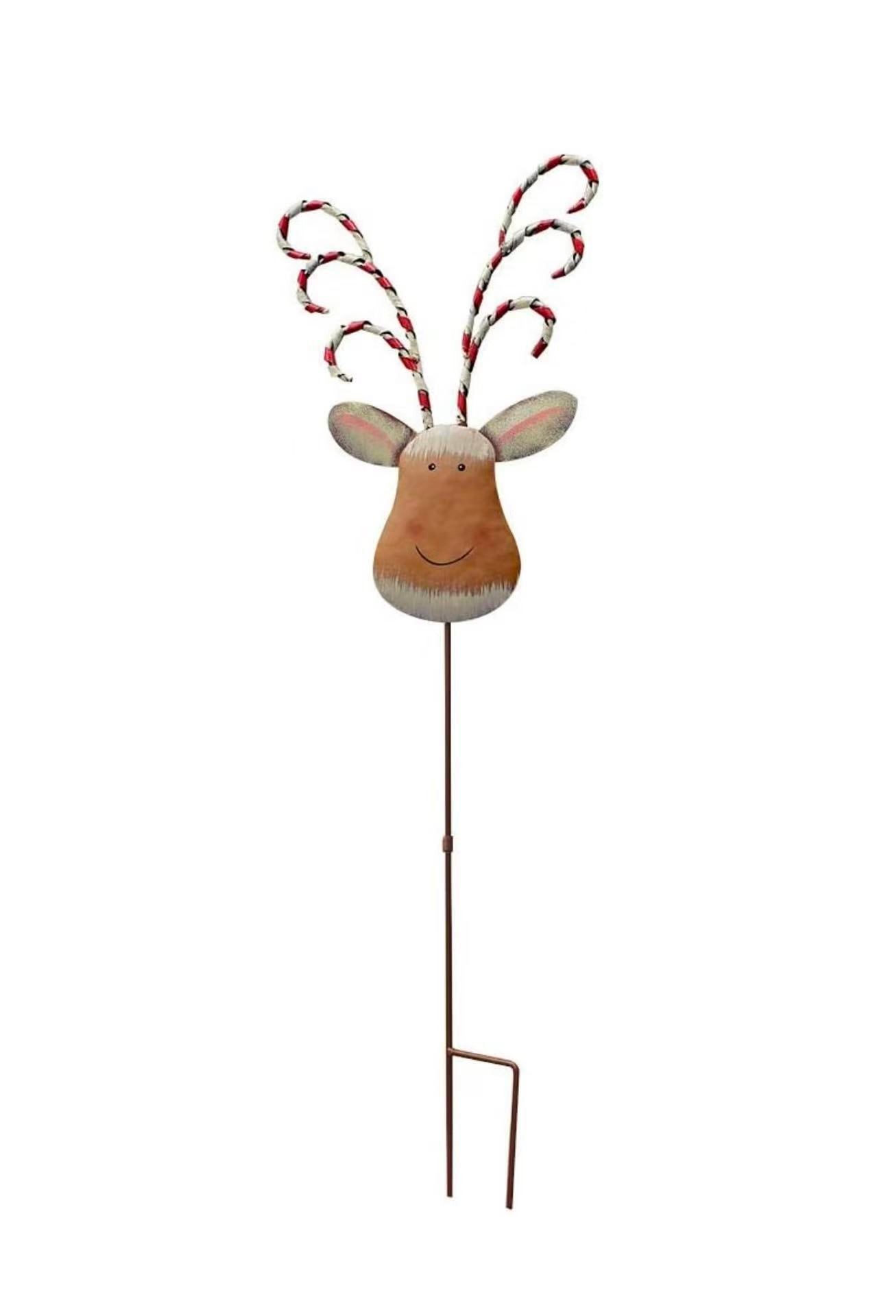 Rustic Metal Reindeer Christmas Stake Decor, Outdoor Garden Sign Lawn Art Ornament with Candy Cane Antlers