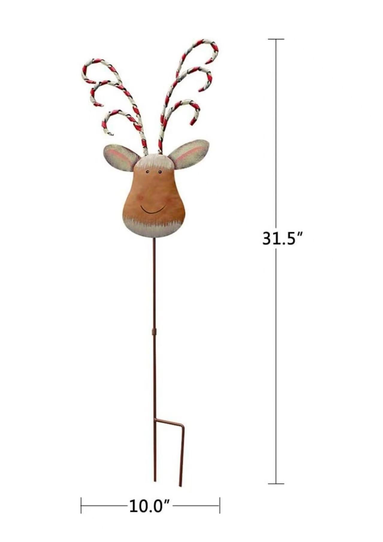 Rustic Metal Reindeer Christmas Stake Decor, Outdoor Garden Sign Lawn Art Ornament with Candy Cane Antlers