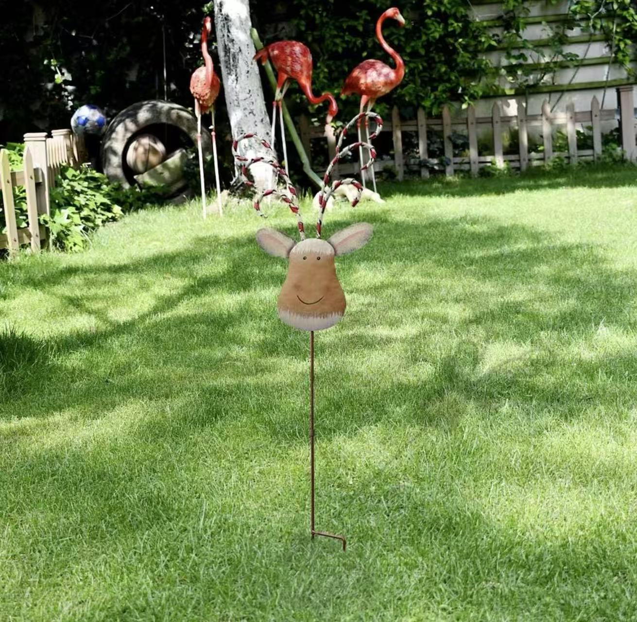 Rustic Metal Reindeer Christmas Stake Decor, Outdoor Garden Sign Lawn Art Ornament with Candy Cane Antlers