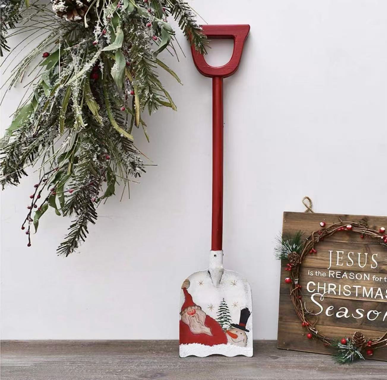 Snow Shovel for Kids Christmas Decoration,23x 5Inch Small Metal Shovel Wood Handle Garden Tool with Decorative Christmas Santa Pattern Xmas Gift for Children (Santa Shovel)