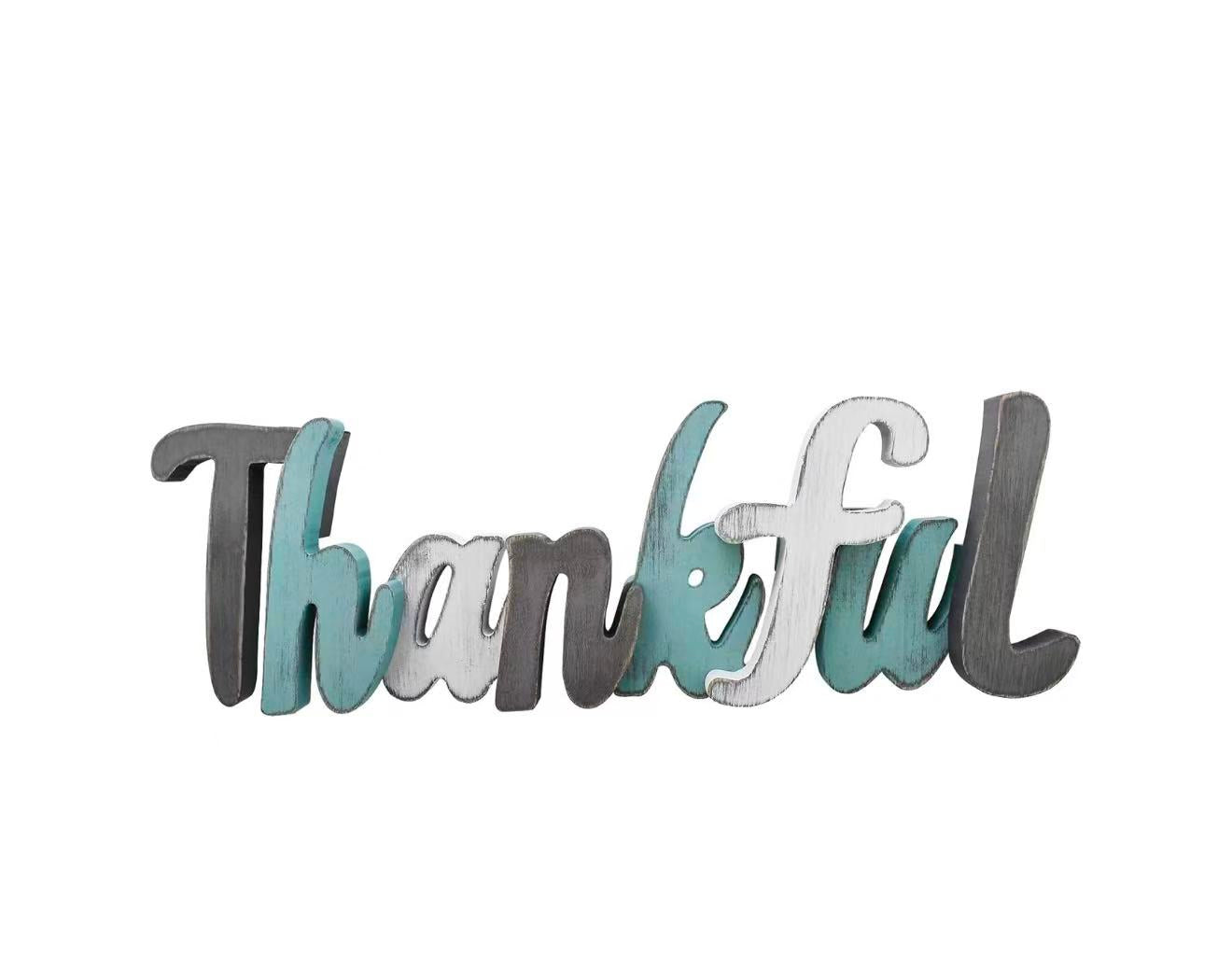 Thanksgiving Wood Thankful Sign for Home Decor, Wall Hanging Teal Word Sign Freestanding Cutout