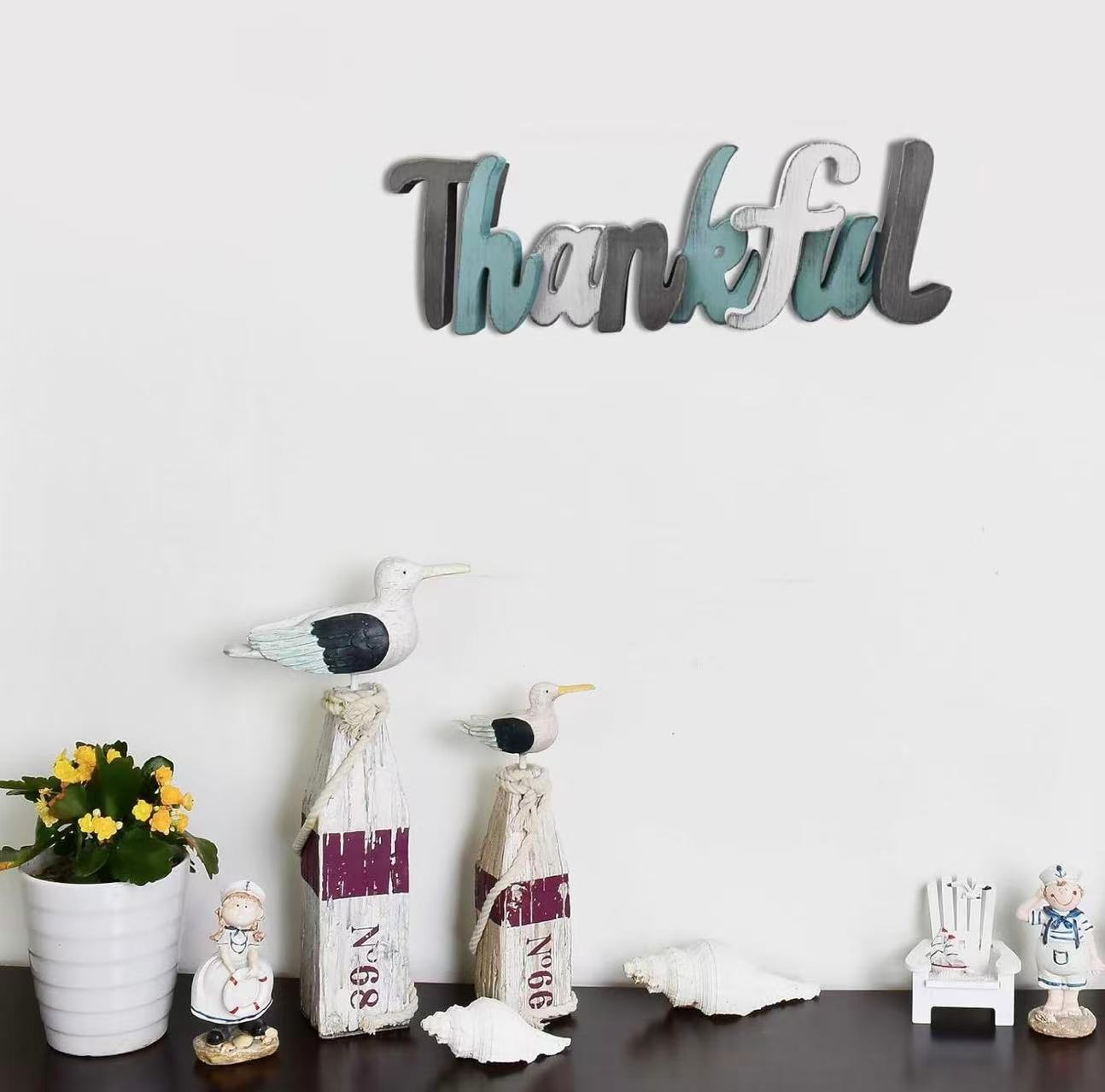 Thanksgiving Wood Thankful Sign for Home Decor, Wall Hanging Teal Word Sign Freestanding Cutout