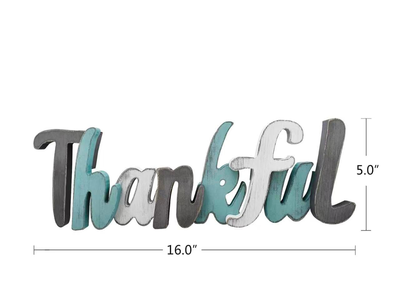 Thanksgiving Wood Thankful Sign for Home Decor, Wall Hanging Teal Word Sign Freestanding Cutout