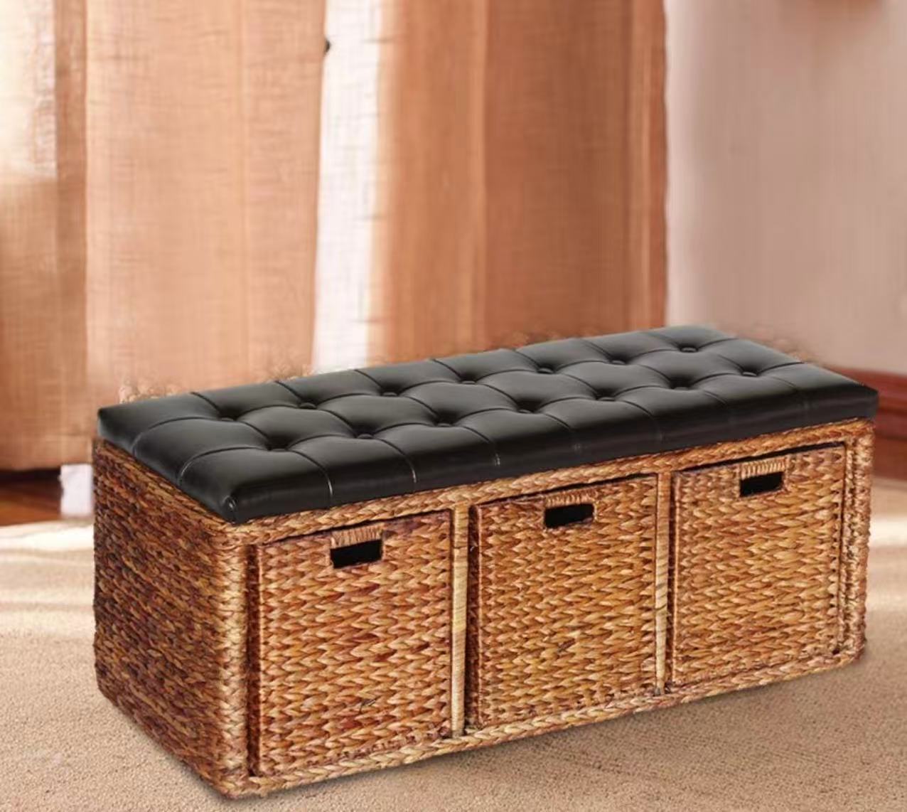 Woven Storage Ottoman – Padded Cube Footstool for Living Room, Bedroom, Hallway