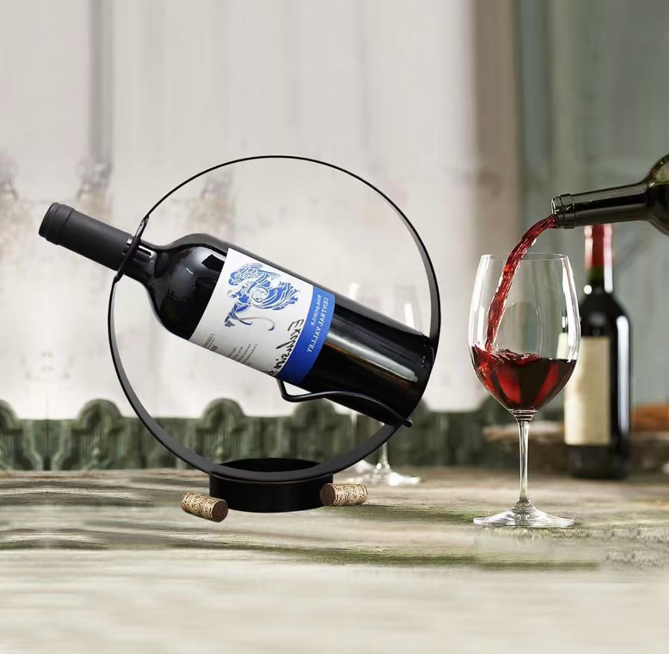 Metal Single Wine Bottle Holder Freestanding Countertop Wine Rack Storage Stand Black