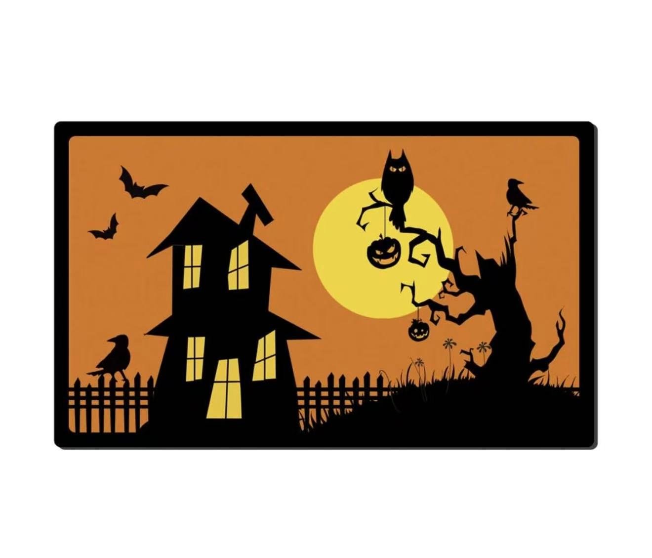 Halloween Door Mat – Haunted House & Full Moon Welcome Rug, Non-Slip Indoor/Outdoor Mat