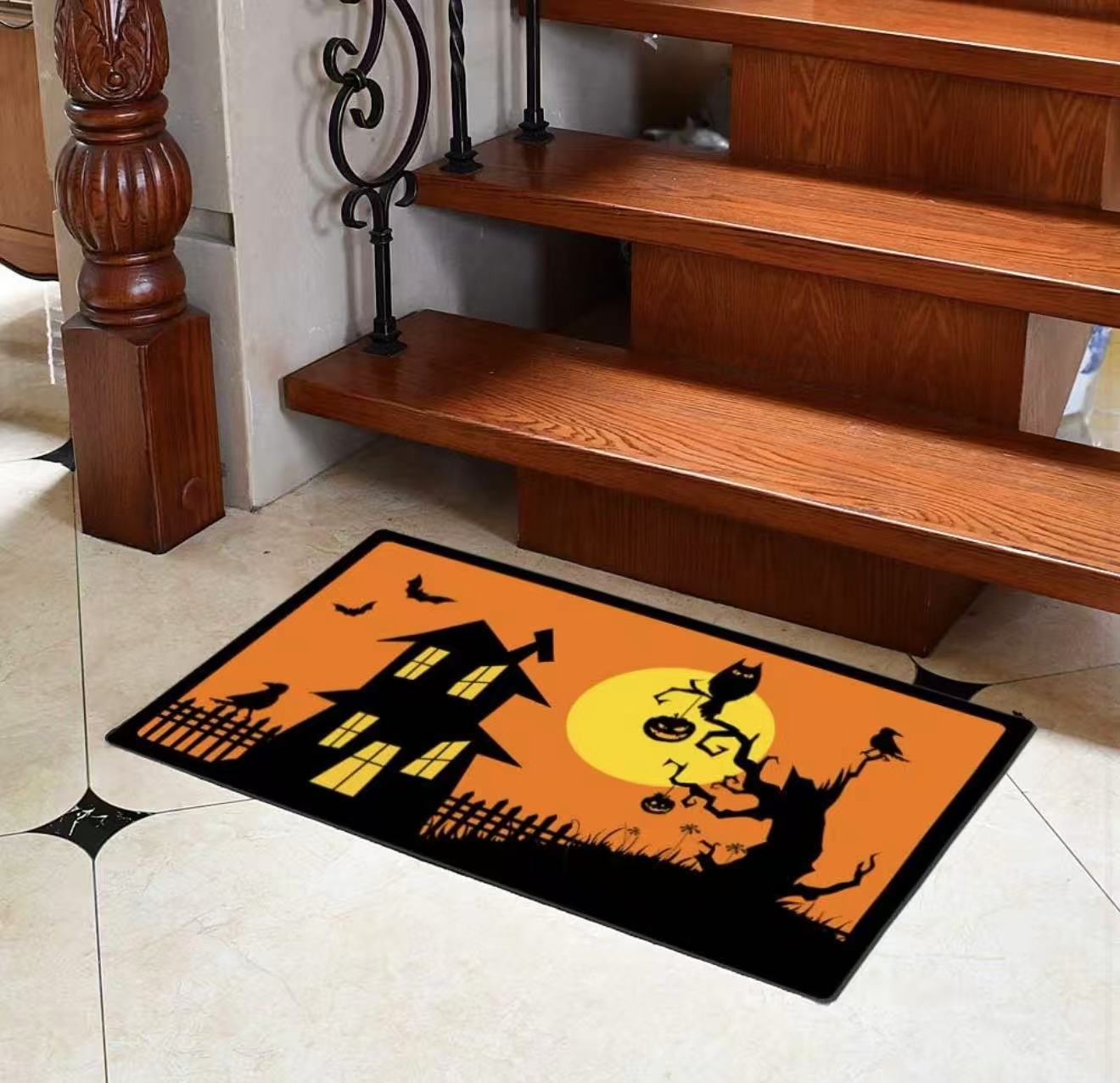 Halloween Door Mat – Haunted House & Full Moon Welcome Rug, Non-Slip Indoor/Outdoor Mat