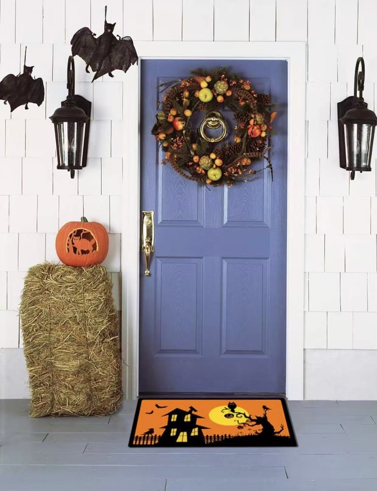 Halloween Door Mat – Haunted House & Full Moon Welcome Rug, Non-Slip Indoor/Outdoor Mat