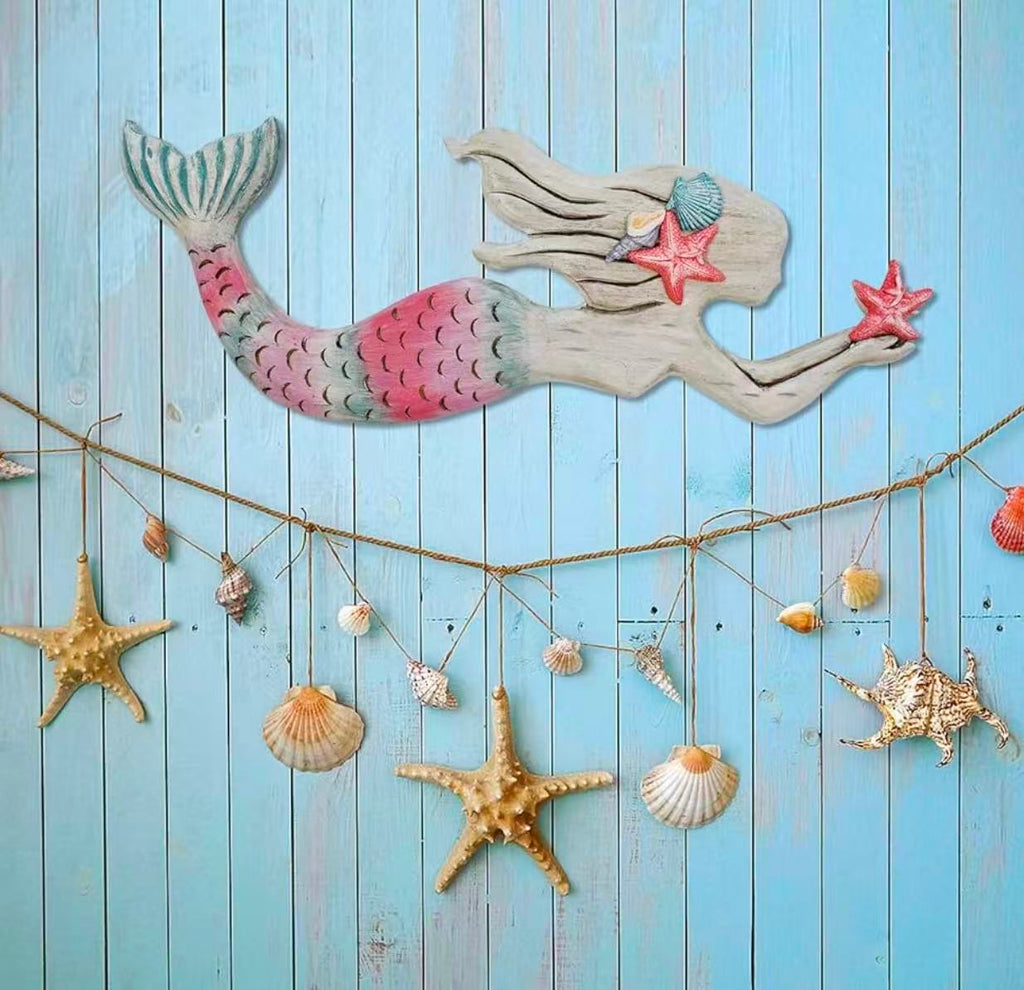 Wooden Mermaid Wall Decor – Nautical Ocean-Themed Beach Plaque Sculpture