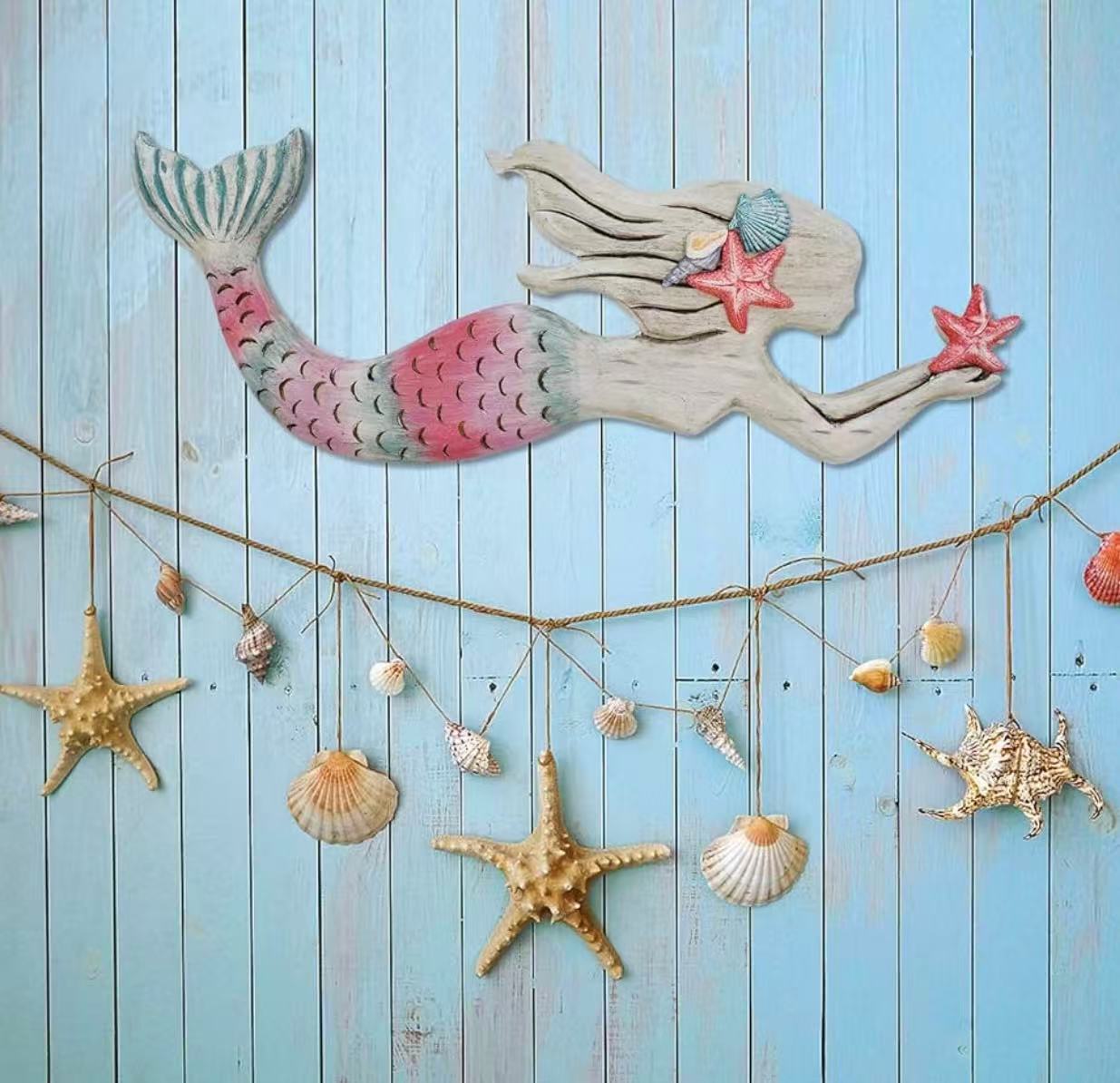 Wooden Mermaid Wall Decor – Nautical Ocean-Themed Beach Plaque Sculpture
