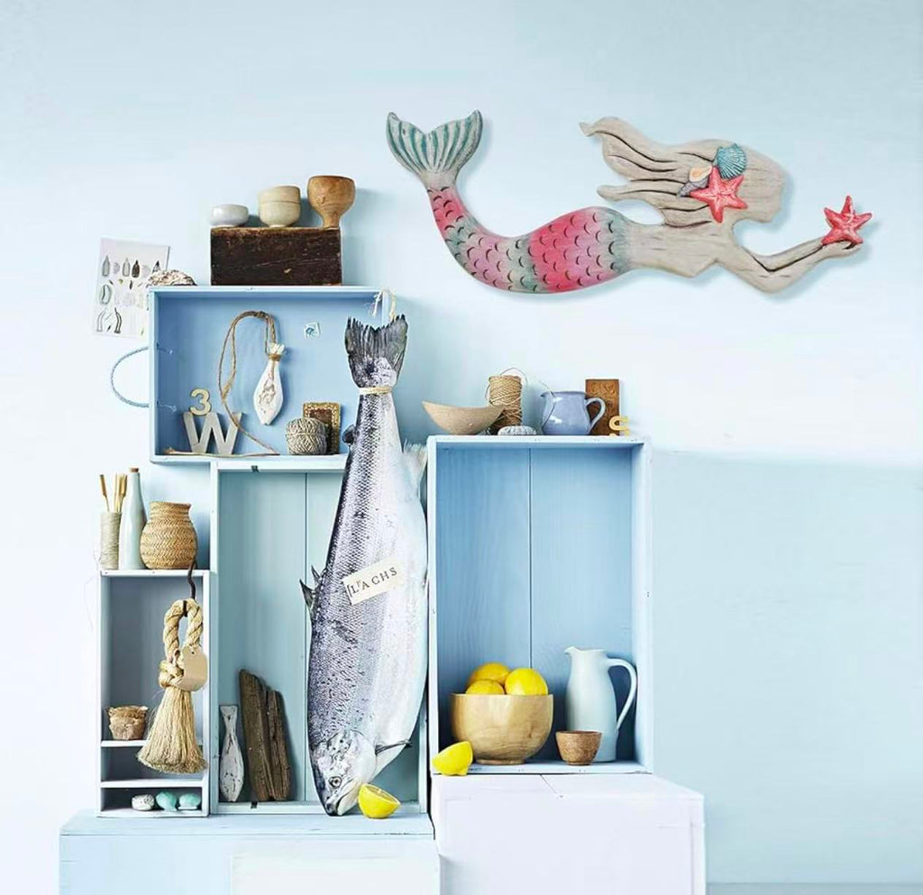 Wooden Mermaid Wall Decor – Nautical Ocean-Themed Beach Plaque Sculpture