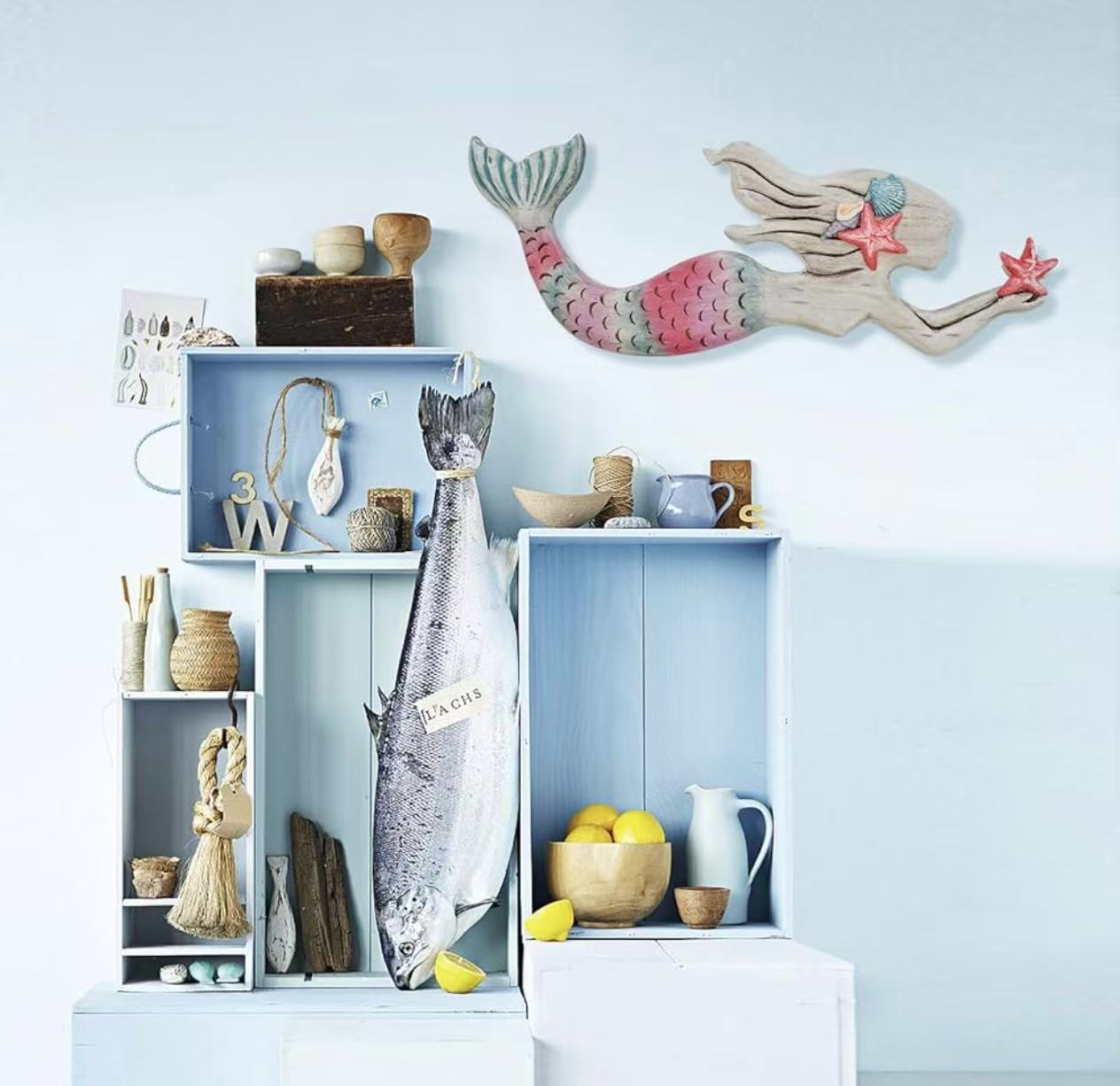Wooden Mermaid Wall Decor – Nautical Ocean-Themed Beach Plaque Sculpture