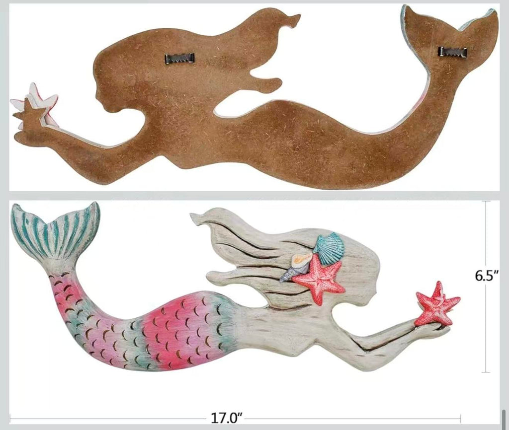 Wooden Mermaid Wall Decor – Nautical Ocean-Themed Beach Plaque Sculpture