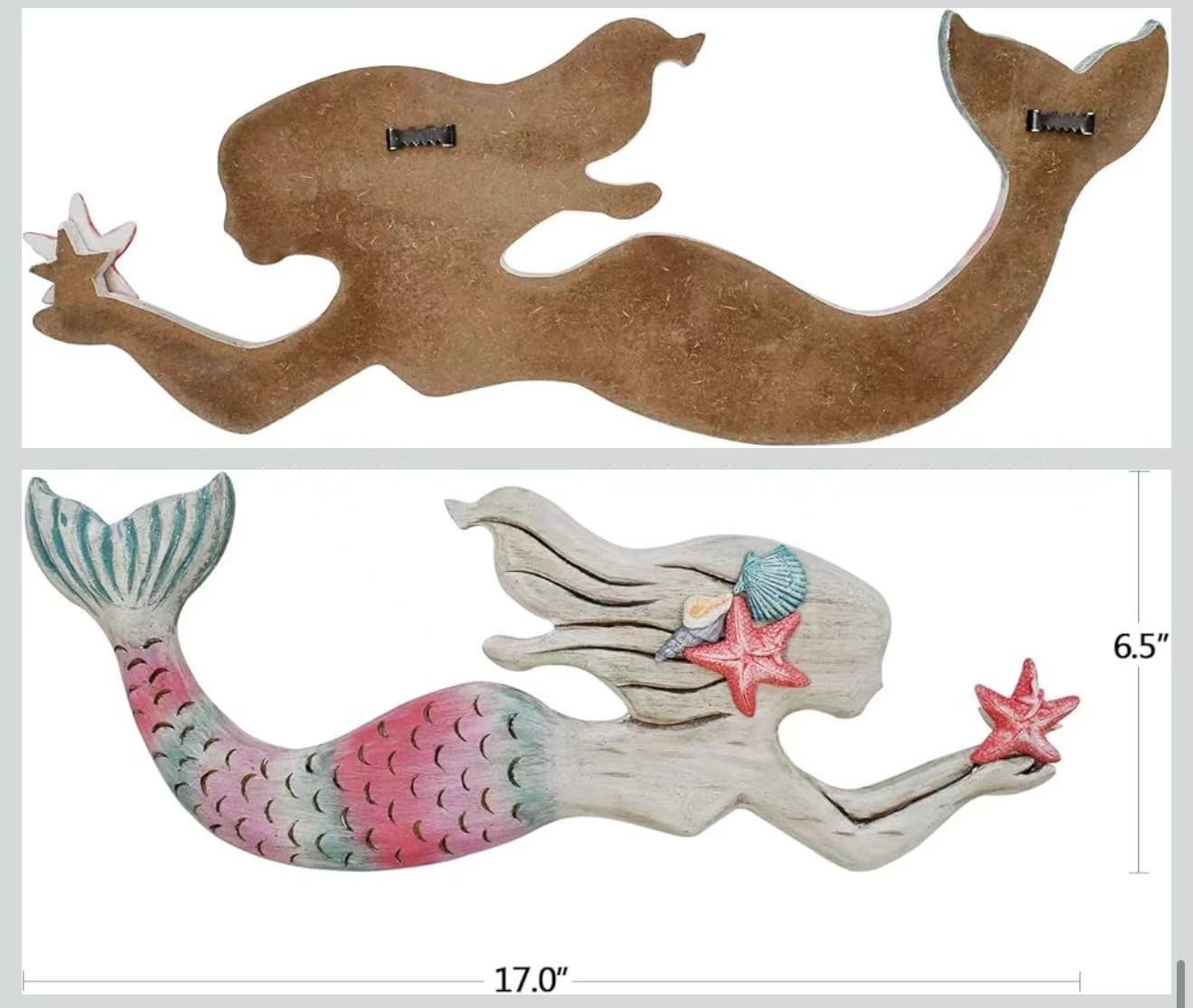 Wooden Mermaid Wall Decor – Nautical Ocean-Themed Beach Plaque Sculpture