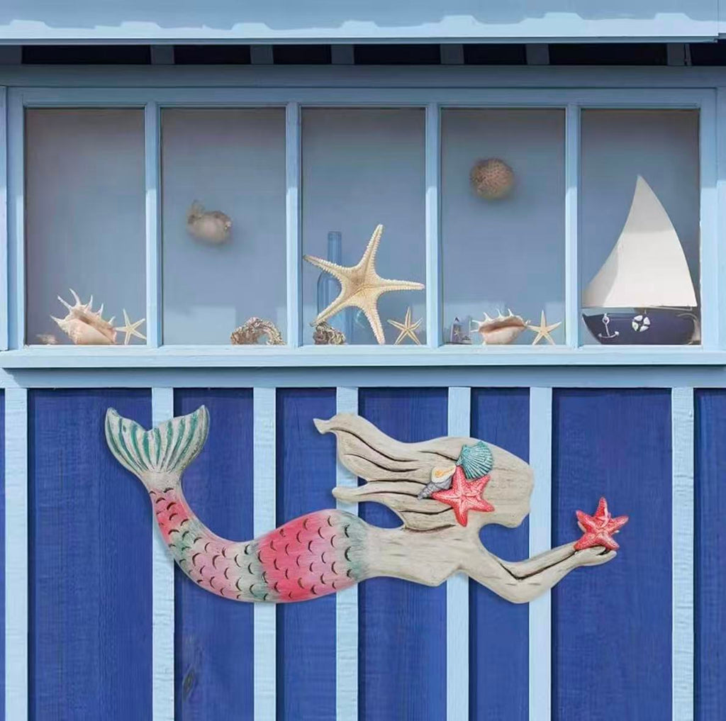 Wooden Mermaid Wall Decor – Nautical Ocean-Themed Beach Plaque Sculpture